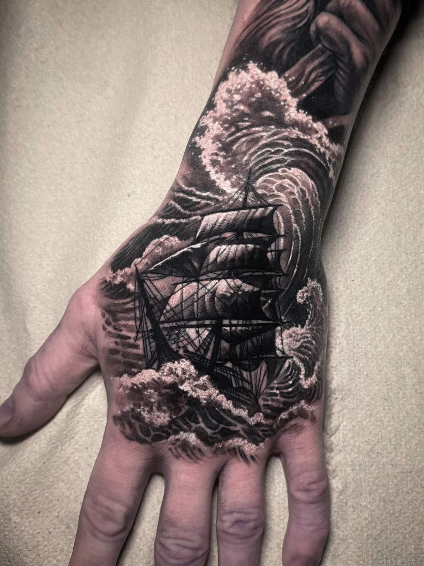 Traditional Sailing Ship And Flower Tattoo