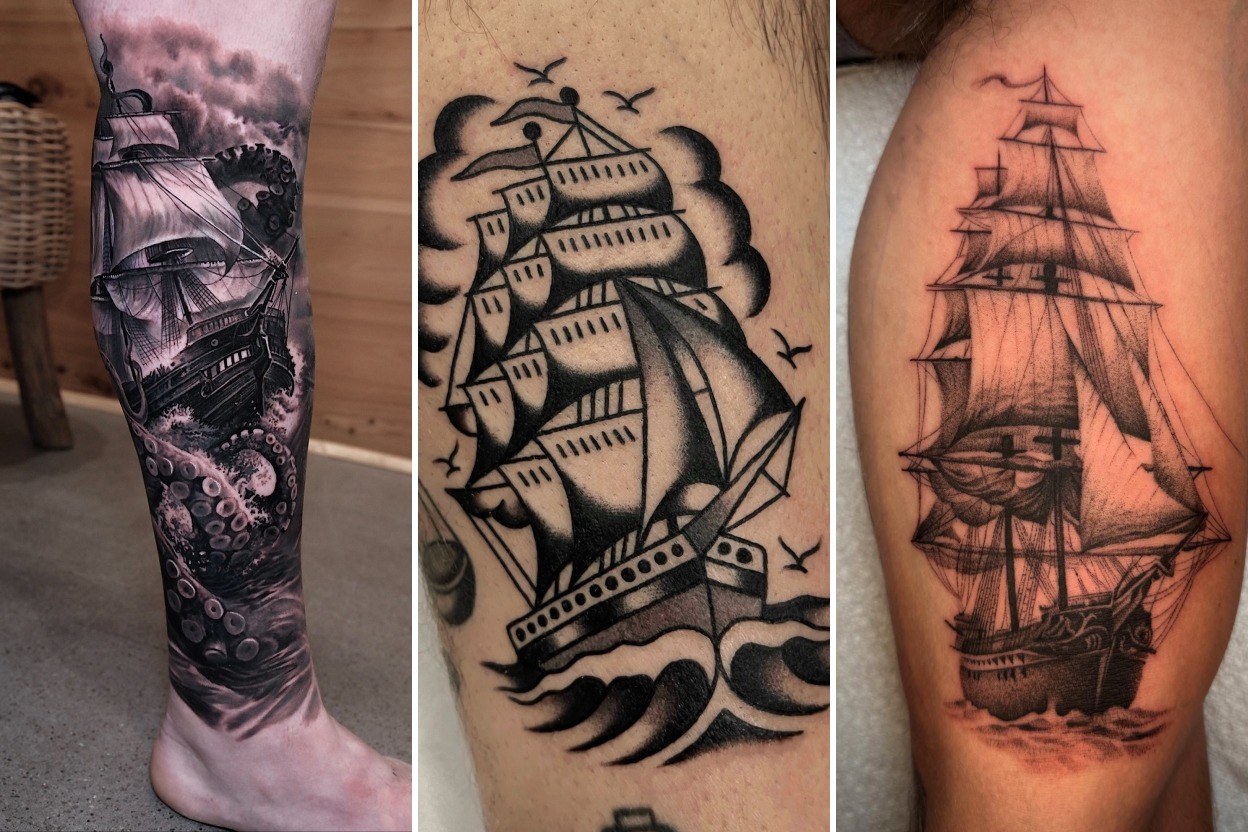 Aesthetic ship tattoo ideas and delicate ink ideas collage