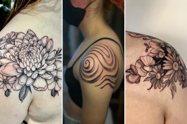 Aesthetic shoulder cap tattoos for women and delicate ink ideas collage