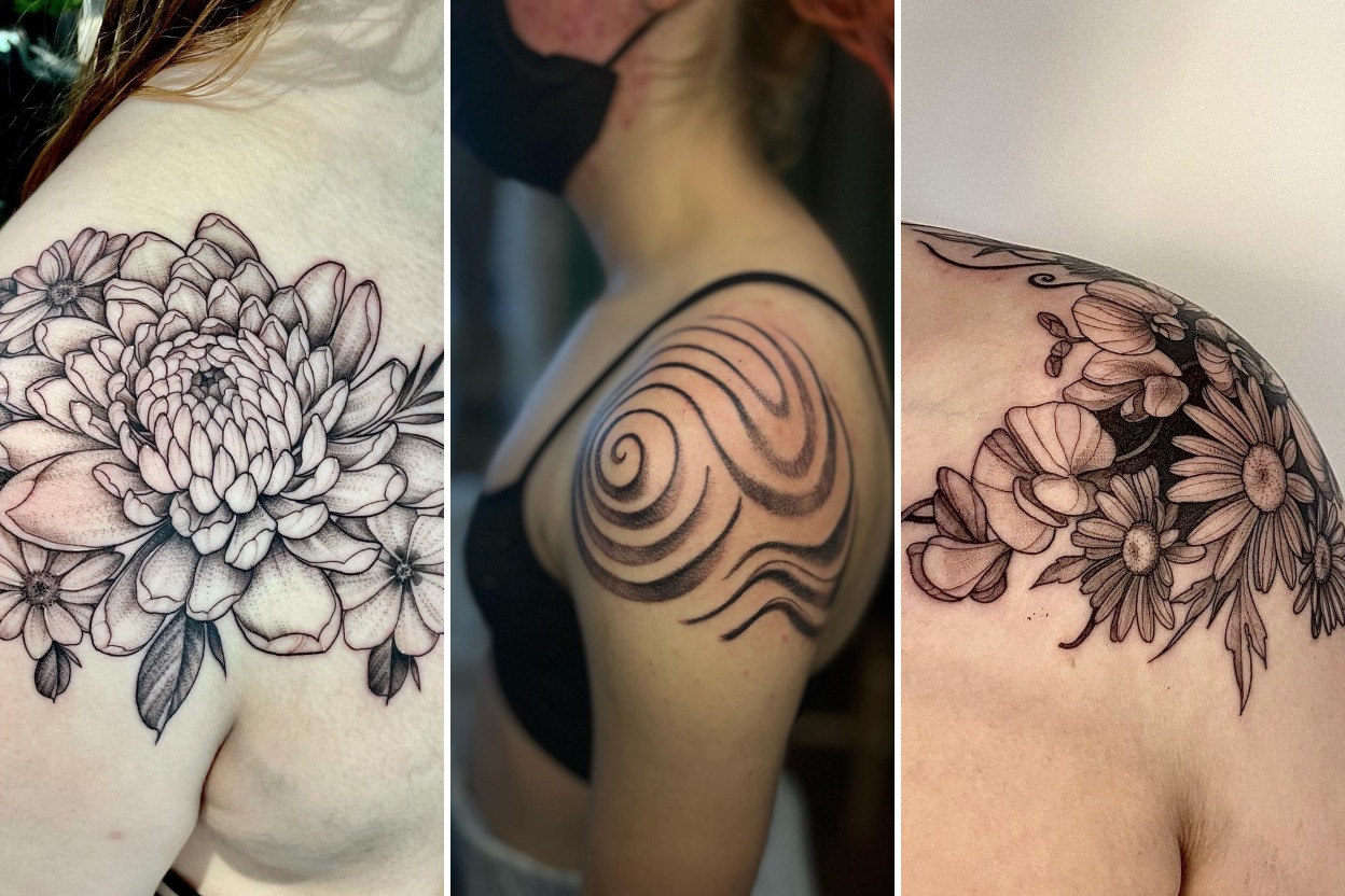 Aesthetic shoulder cap tattoos for women and delicate ink ideas collage