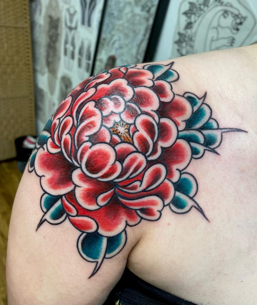 Shoulder-Capped Japanese Peony Tattoo with Bold Shading japanese peony tattoos tattoo
