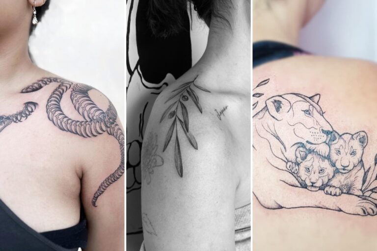 Aesthetic shoulder tattoo ideas for women and delicate ink ideas collage