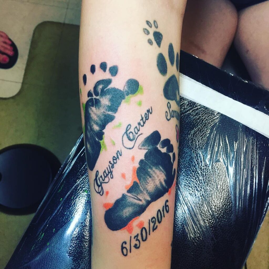 Sibling Baby Footprints with Names and Date Tattoo baby feet tattoos tattoo