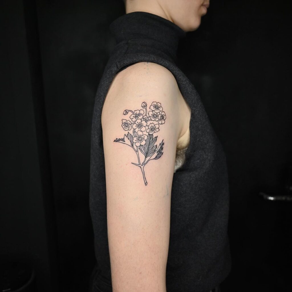 Simple Hawthorn Linework Tattoo on Upper Arm may birth flower tattoos tattoo