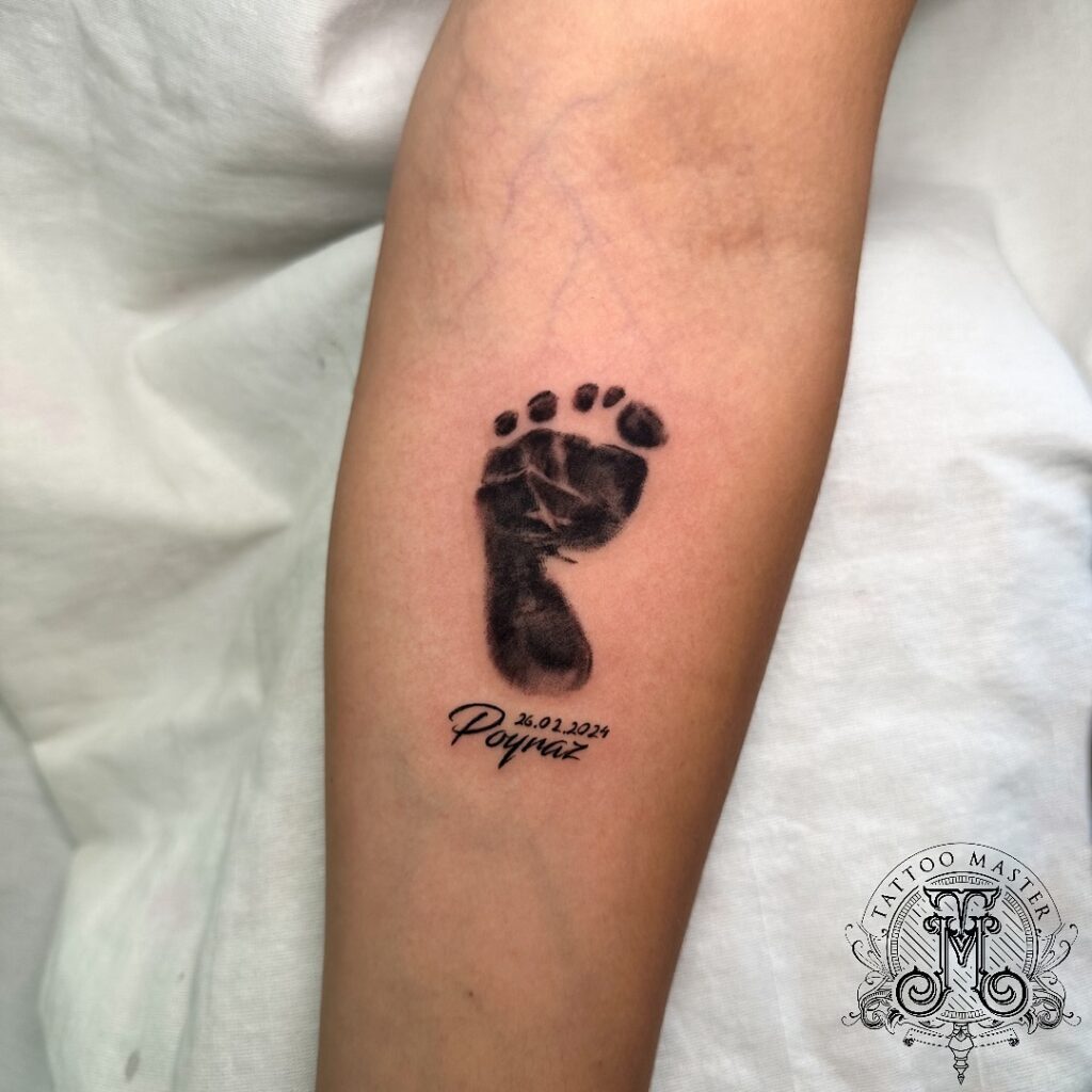 Single Baby Footprint with Name and Date Tattoo baby feet tattoos tattoo