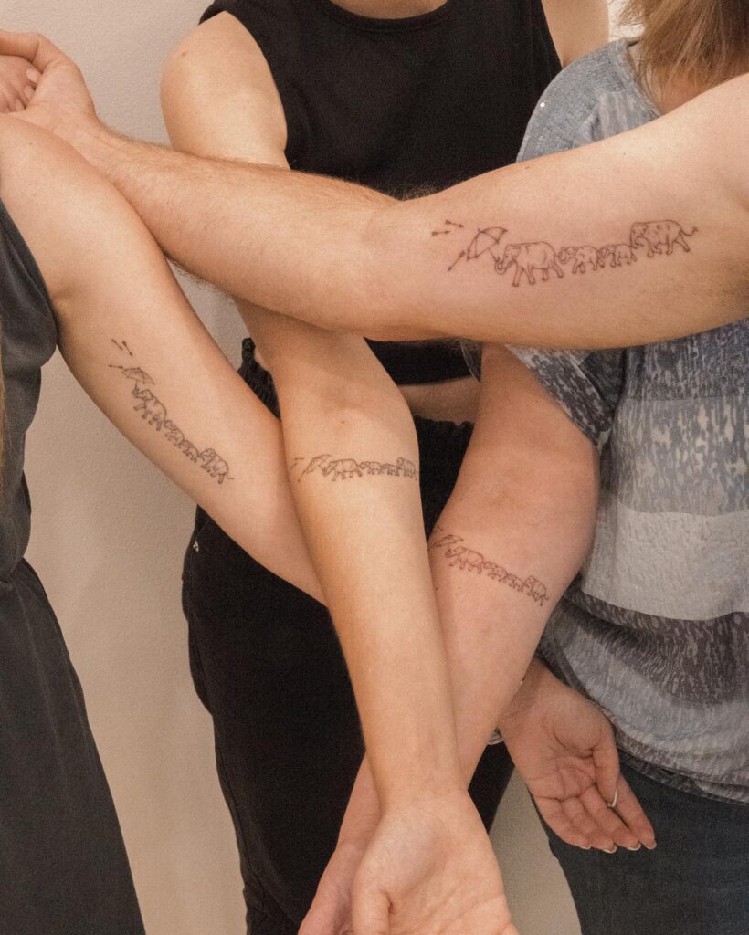 Single Line Elephant Family Caravan matching family tattoo