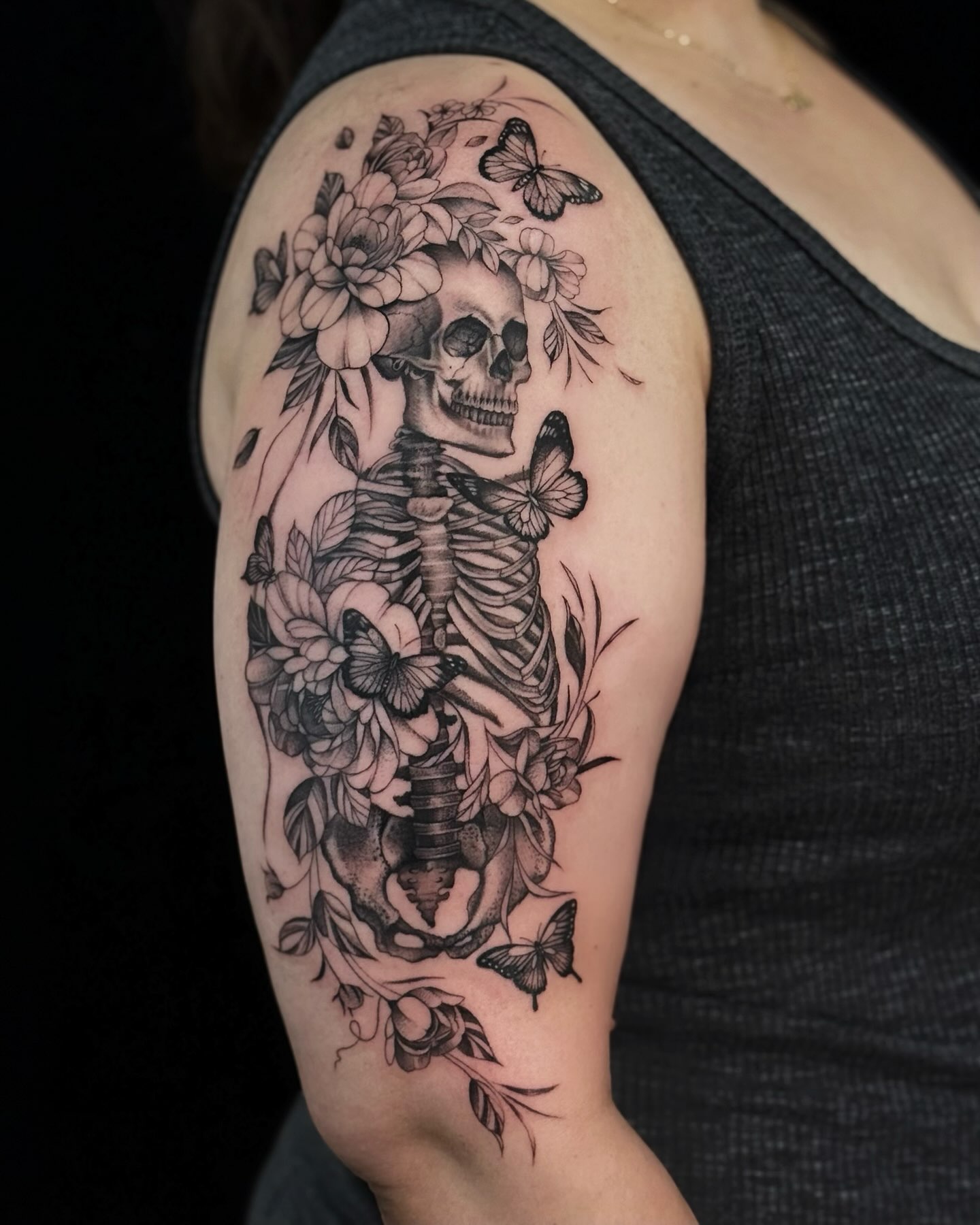 Skeleton and Butterfly Floral Sleeve Tattoo