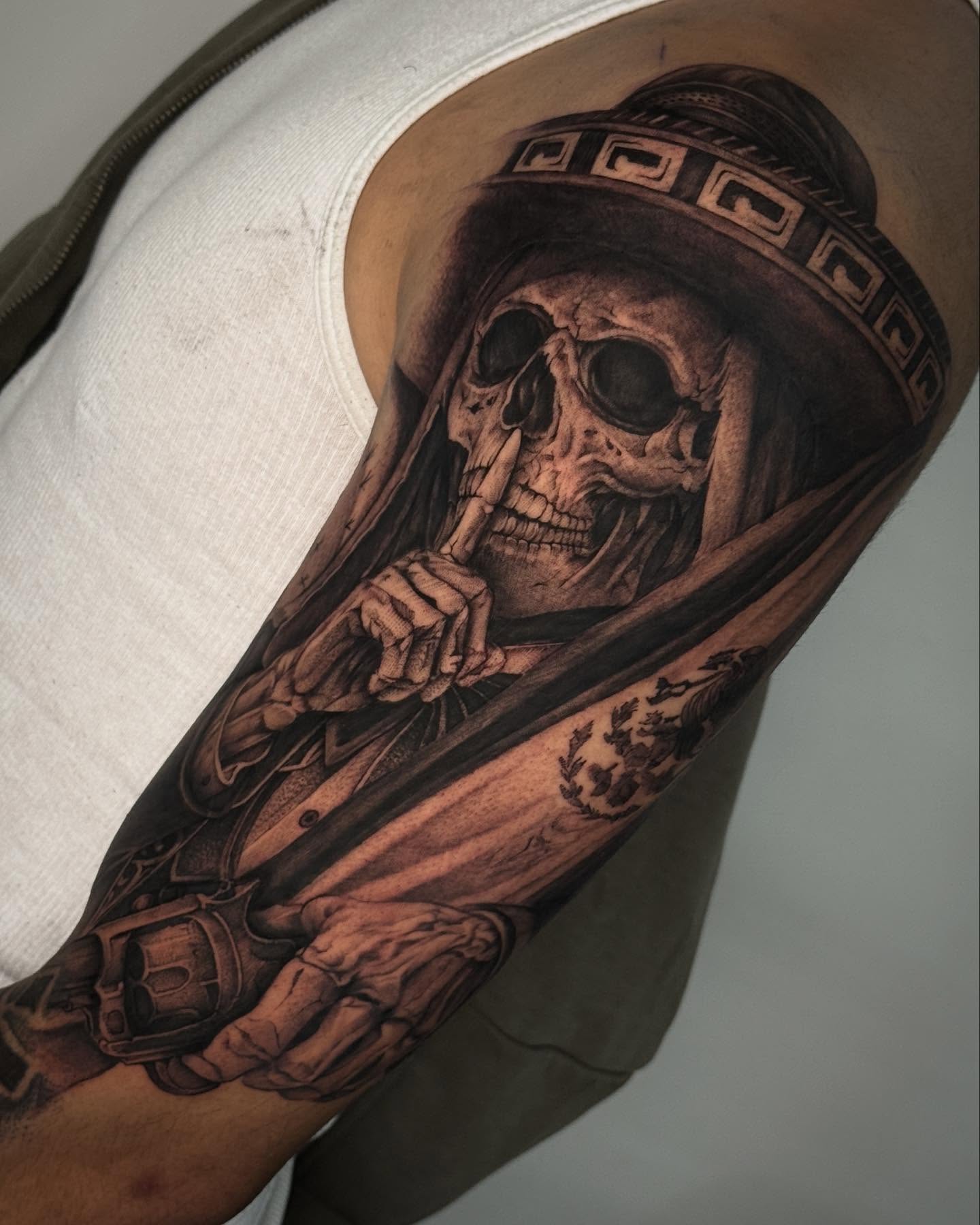 Aztec Mask And Flowers Tattoo