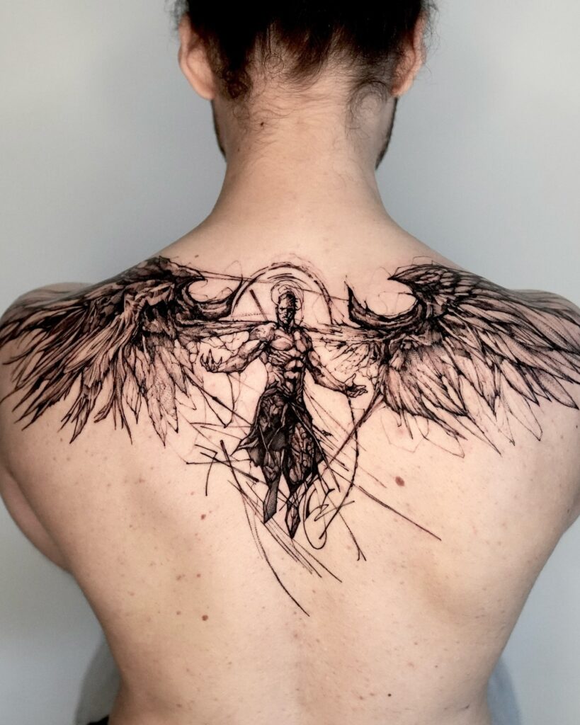 Sketch-Style Warrior Angel Back Tattoo angel tattoo ideas tattoo