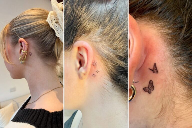 Aesthetic small behind ear tattoos for women and delicate ink ideas collage