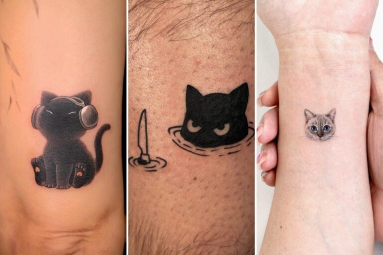 Aesthetic small cat tattoos and delicate ink ideas collage