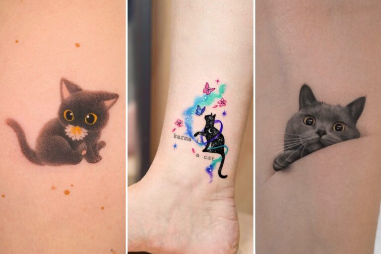 Aesthetic small cat tattoos and delicate ink ideas collage
