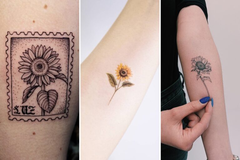 Aesthetic small sunflower tattoos ideas and delicate ink ideas collage