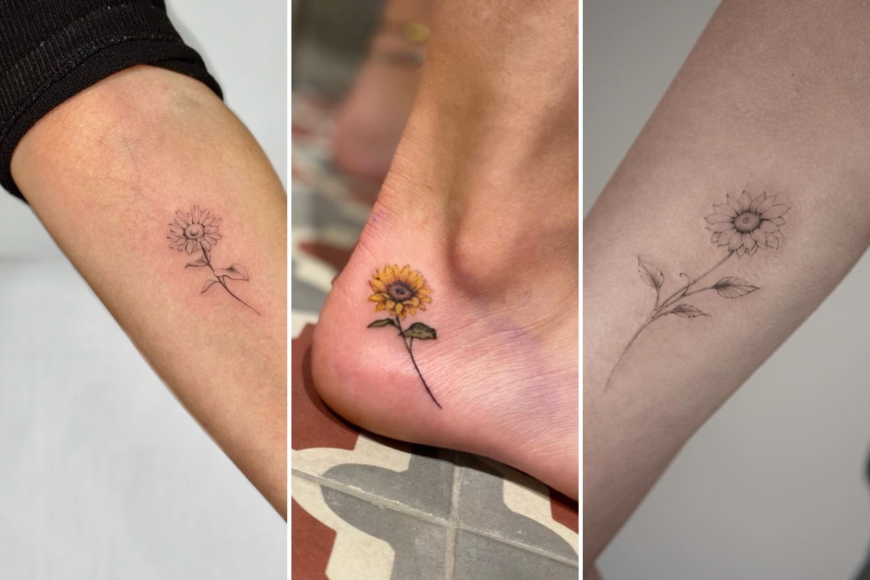 Aesthetic small sunflower tattoos ideas and delicate ink ideas collage