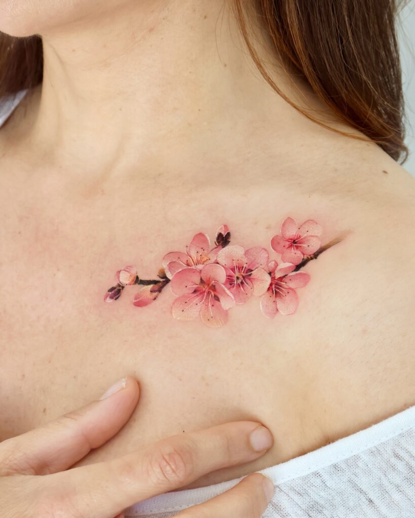 Soft Cherry Blossoms Collarbone Tattoo cherry blossom tattoo ideas tattoo