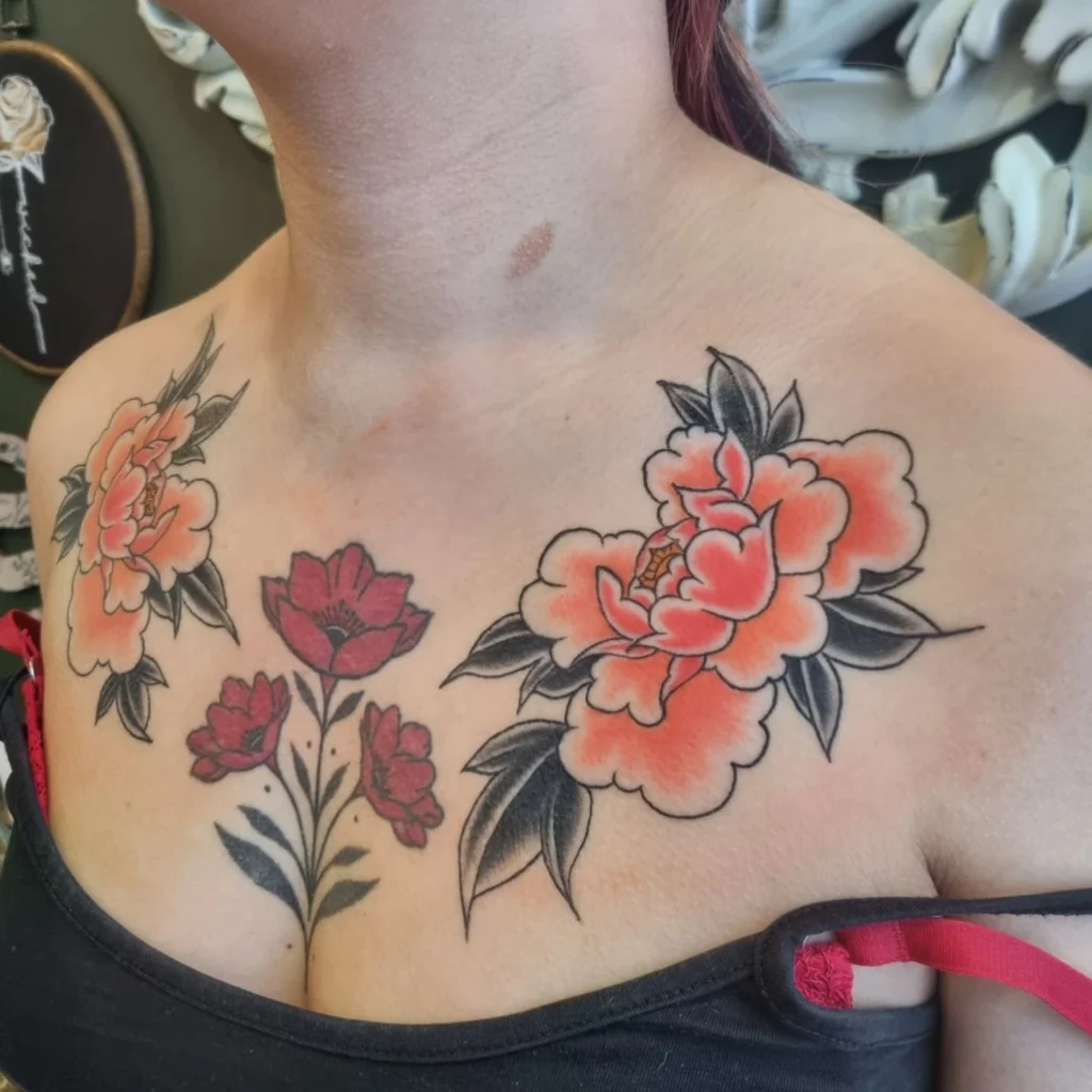 Soft Gradient Peony Collarbone Tattoo japanese peony tattoos tattoo