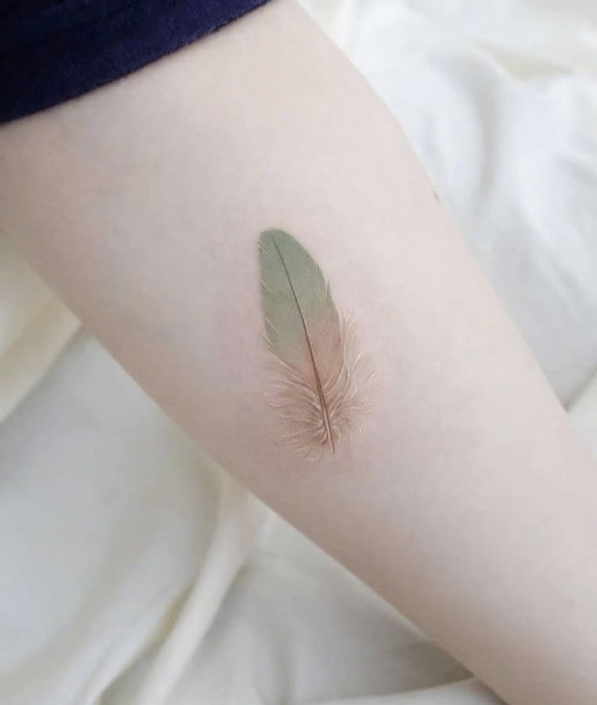 Feather With Birds And Infinity Loop Tattoo