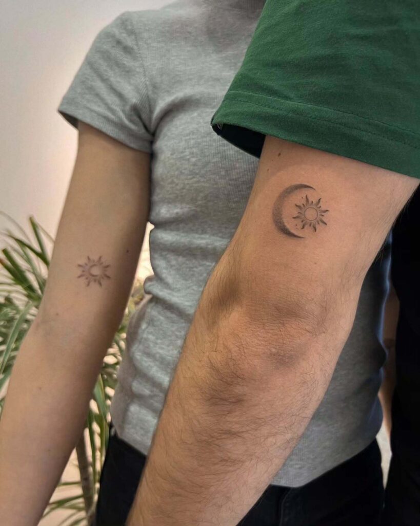 Shaded sun and moon couple tattoos