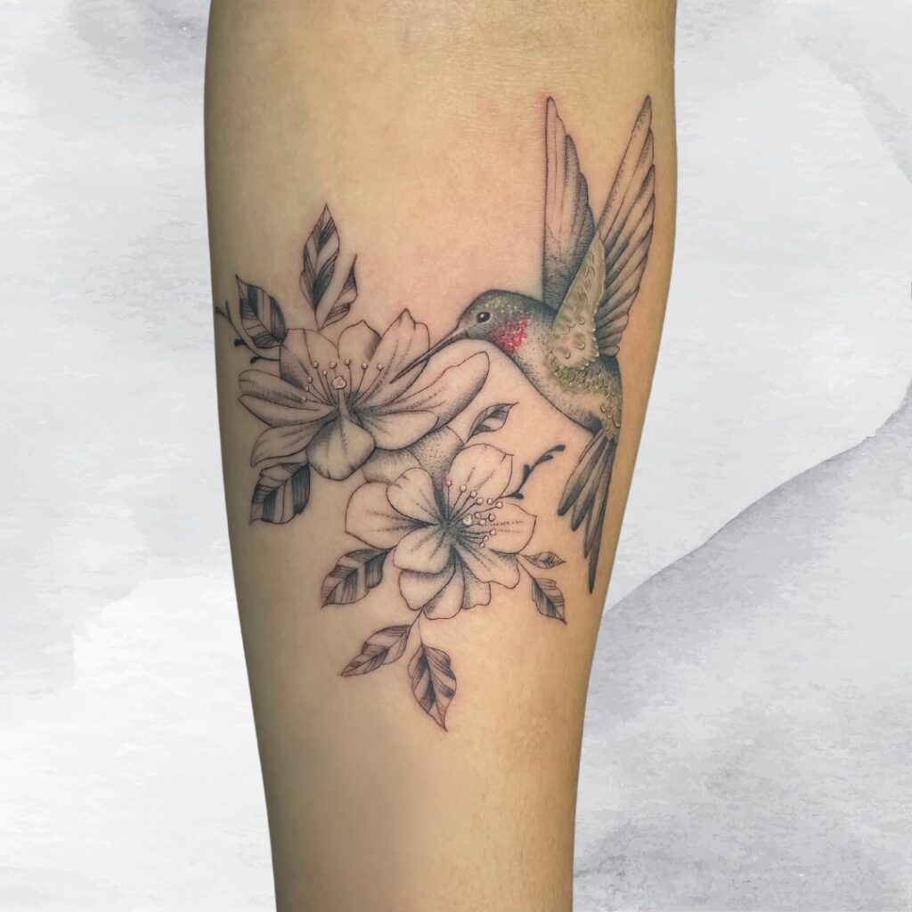 Soft Hummingbird and Cherry Blossom Tattoo hummingbird tattoos tattoo