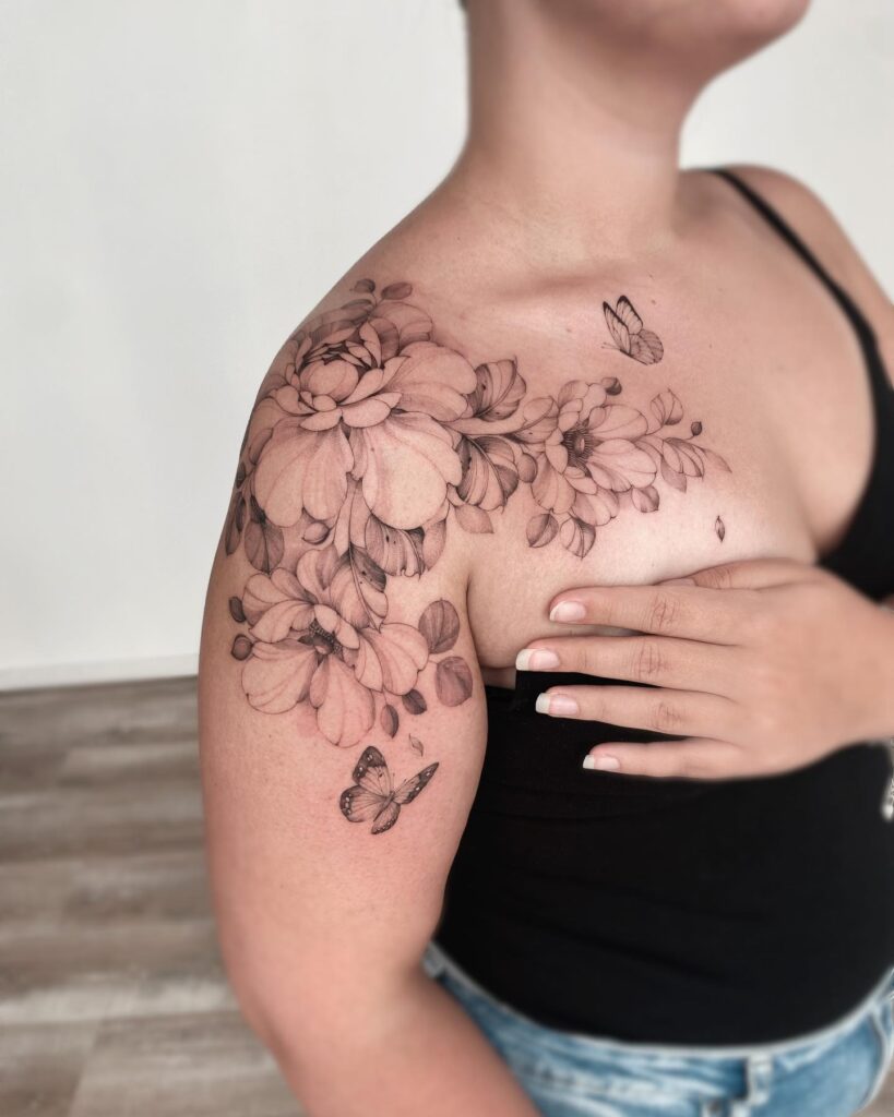 Soft Peony and Butterfly Shoulder Tattoo women shoulder flower tattoo ideas tattoo
