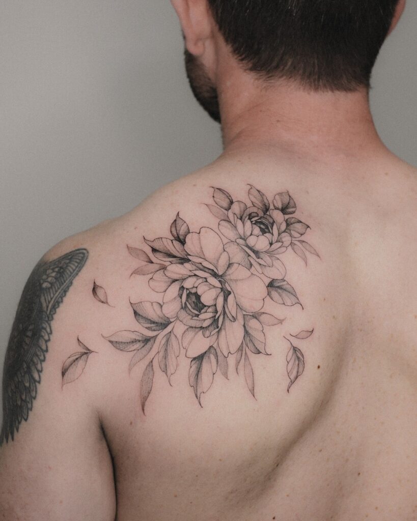 Soft Peony Back Tattoo with Gentle Shading peony flower tattoo ideas tattoo