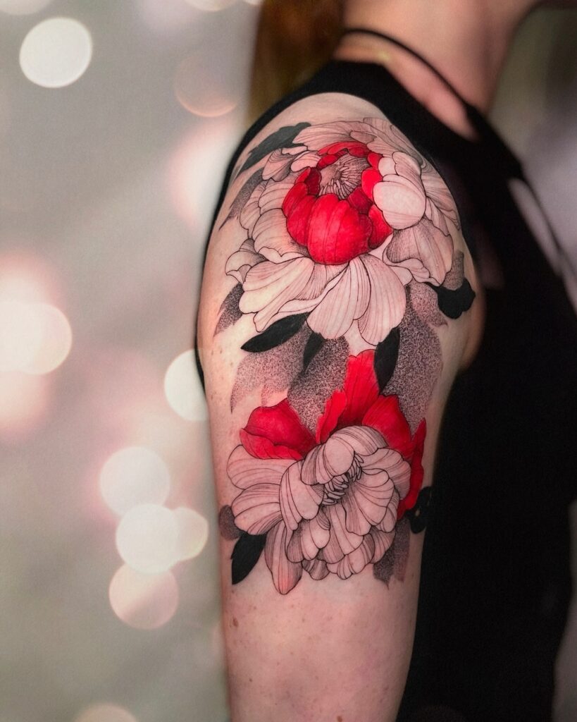 Soft Red and Dotwork Peony Shoulder Tattoo japanese peony tattoos tattoo