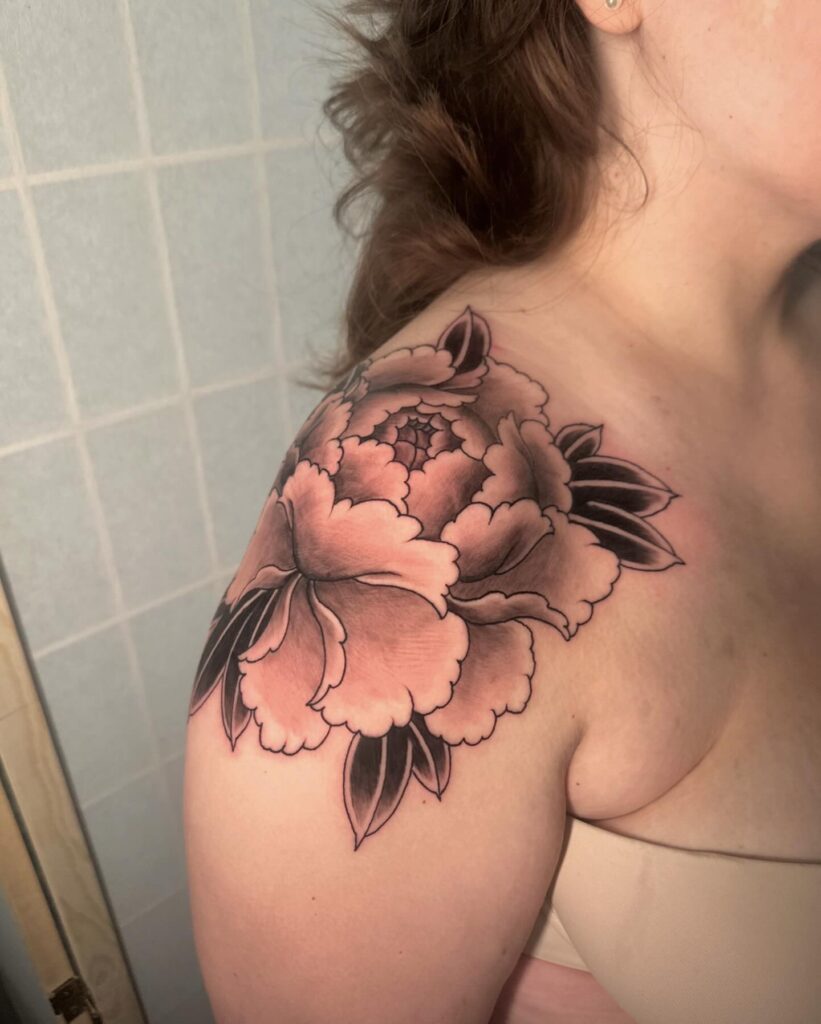 Softly Shaded Peony Tattoo on Shoulder japanese peony tattoos tattoo