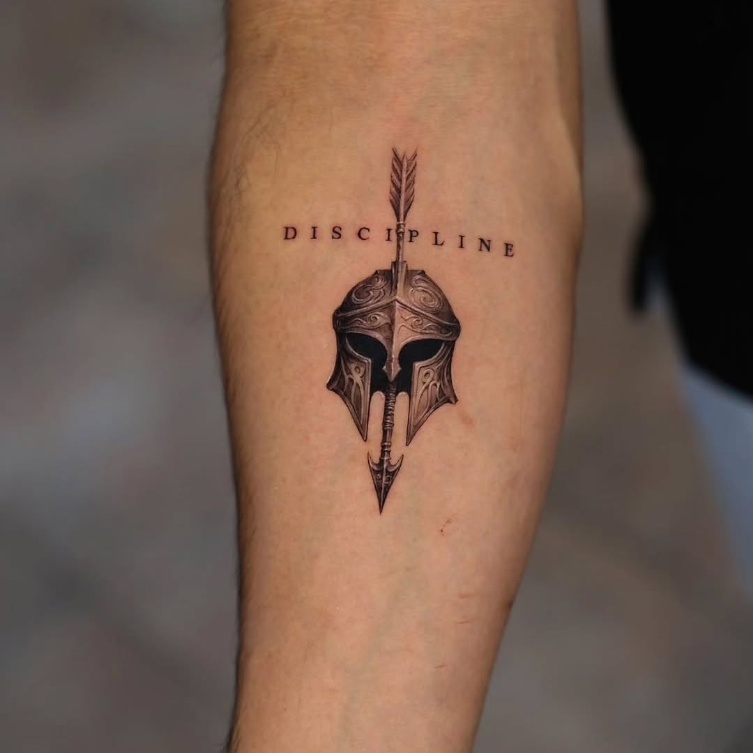 Spartan Helmet and Discipline Forearm Tattoo