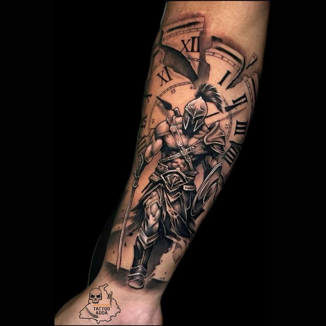 Broken Clock And Spartan Warrior Tattoo