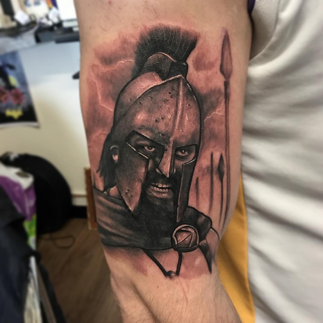 Fierce Spartan Warrior Portrait Tattoo