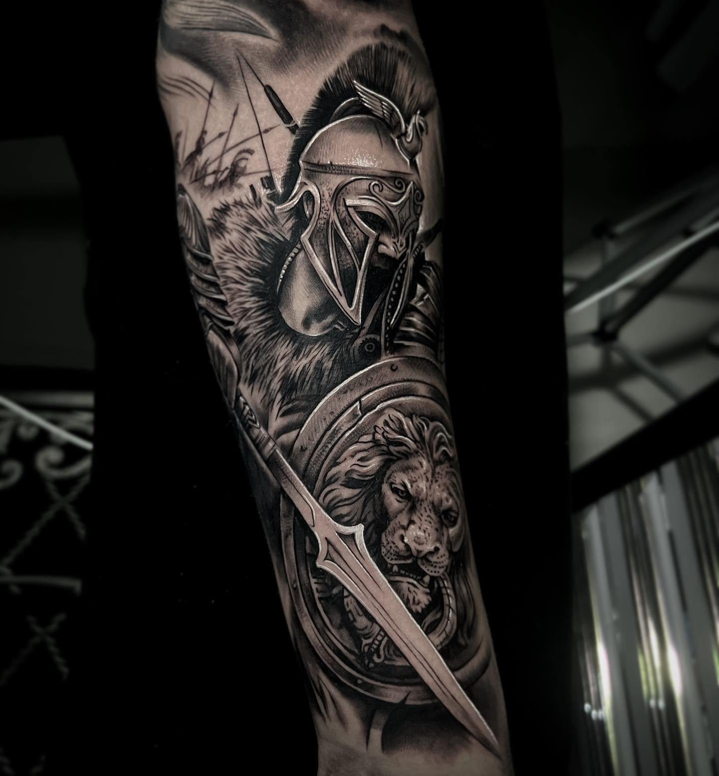 Spartan Warrior And Lion Shield Tattoo