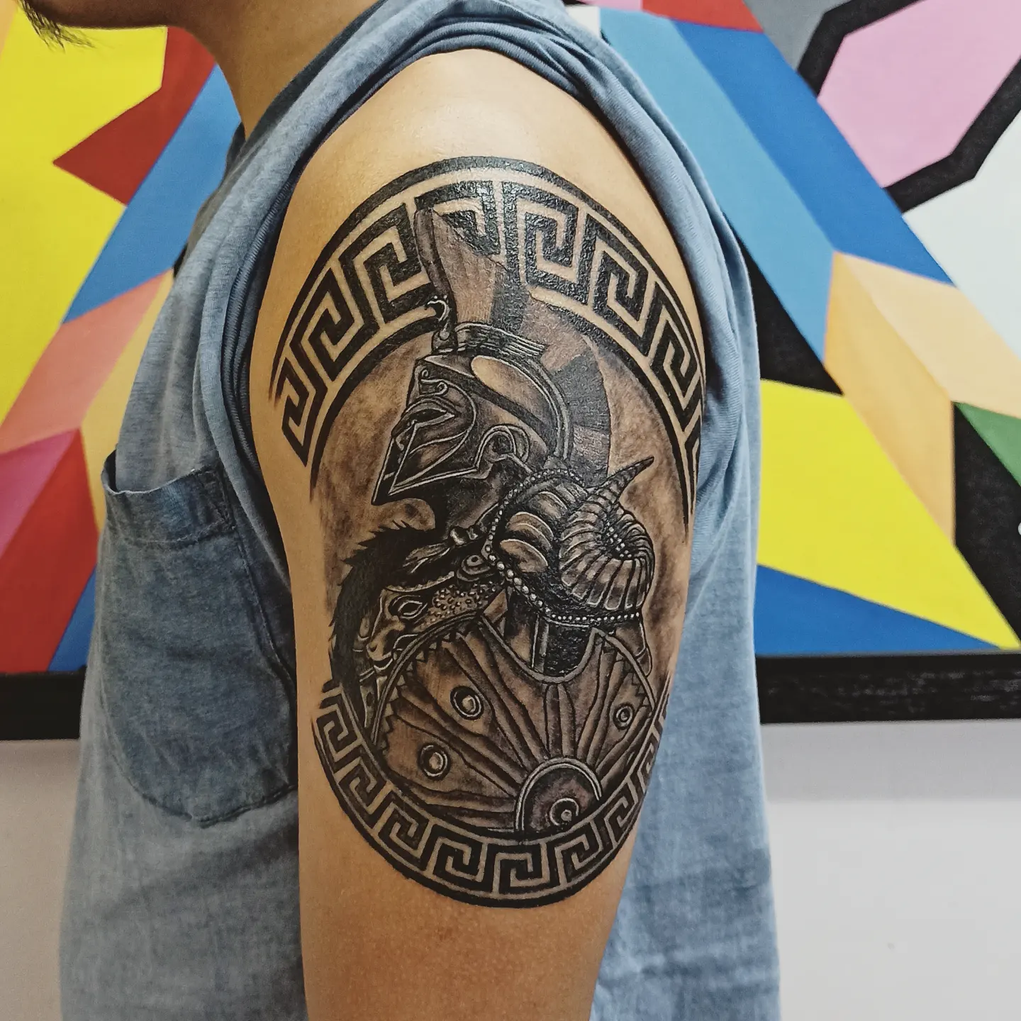 Spartan Warrior And Ram Skull Shield Tattoo