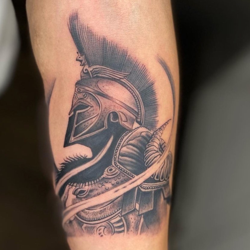 Spartan Warrior With Curved Sword Tattoo