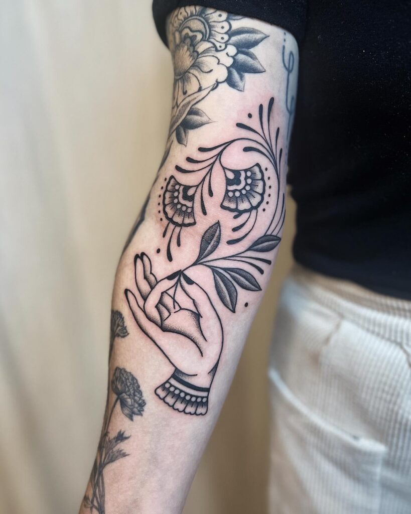 Blue Floral And Script Sleeve Filler Tattoo Design