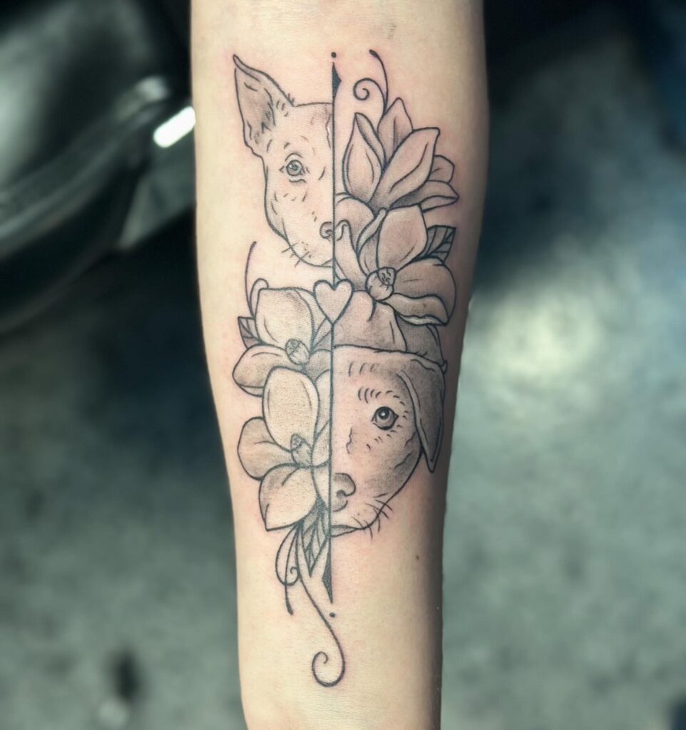 Split Dog Portrait with Floral Accents Tattoo dog memorial tattoos tattoo