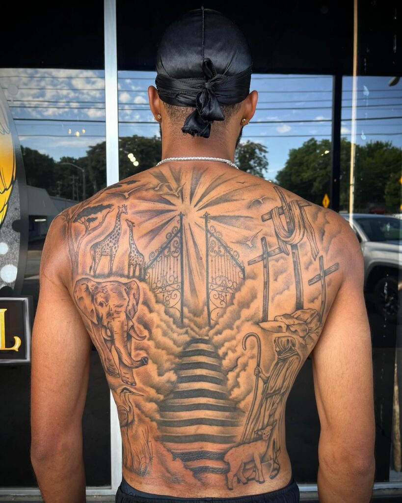 Floral Cross Back Tattoo with Soft Shading christian tattoos tattoo