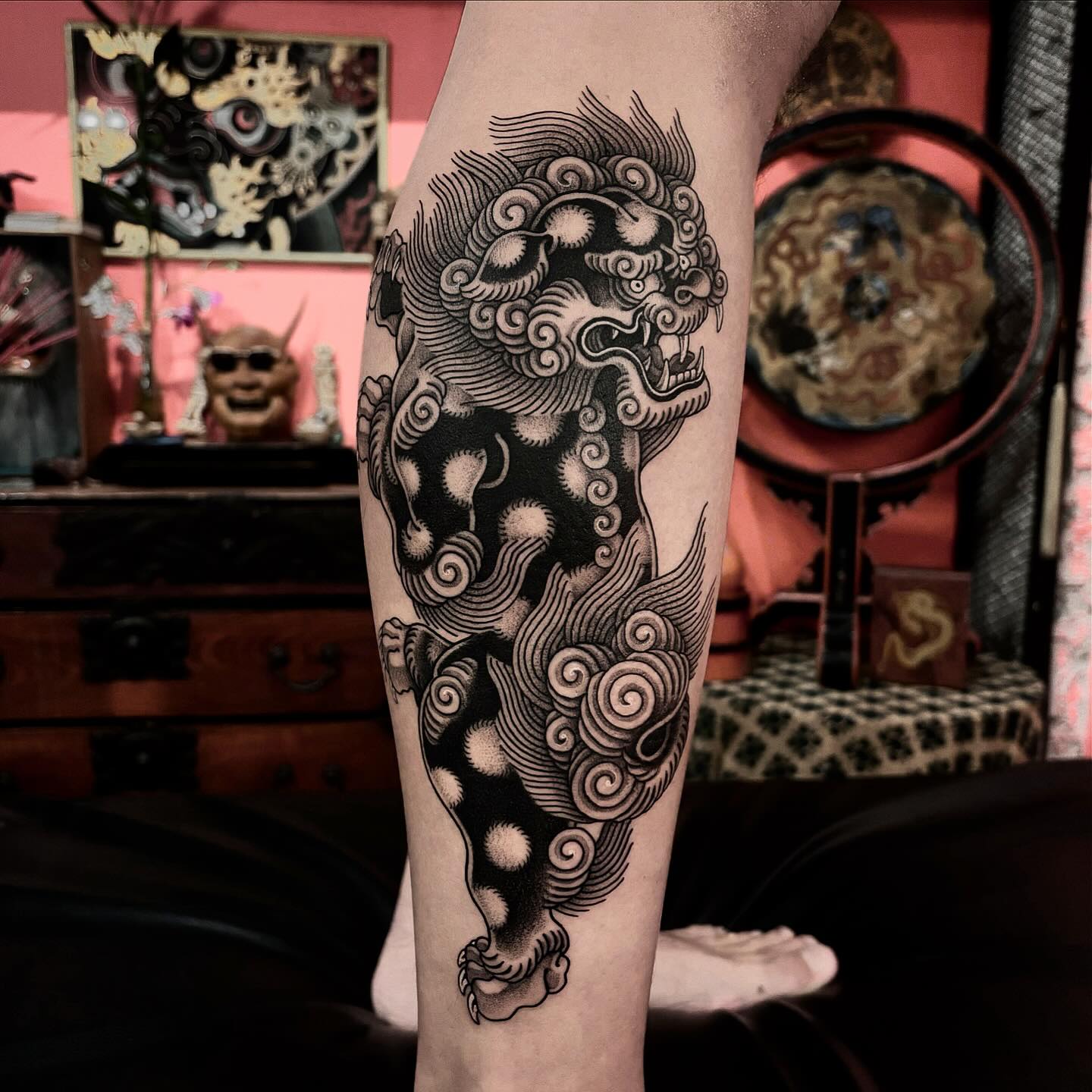 Colorful Foo Dog Head Tattoo