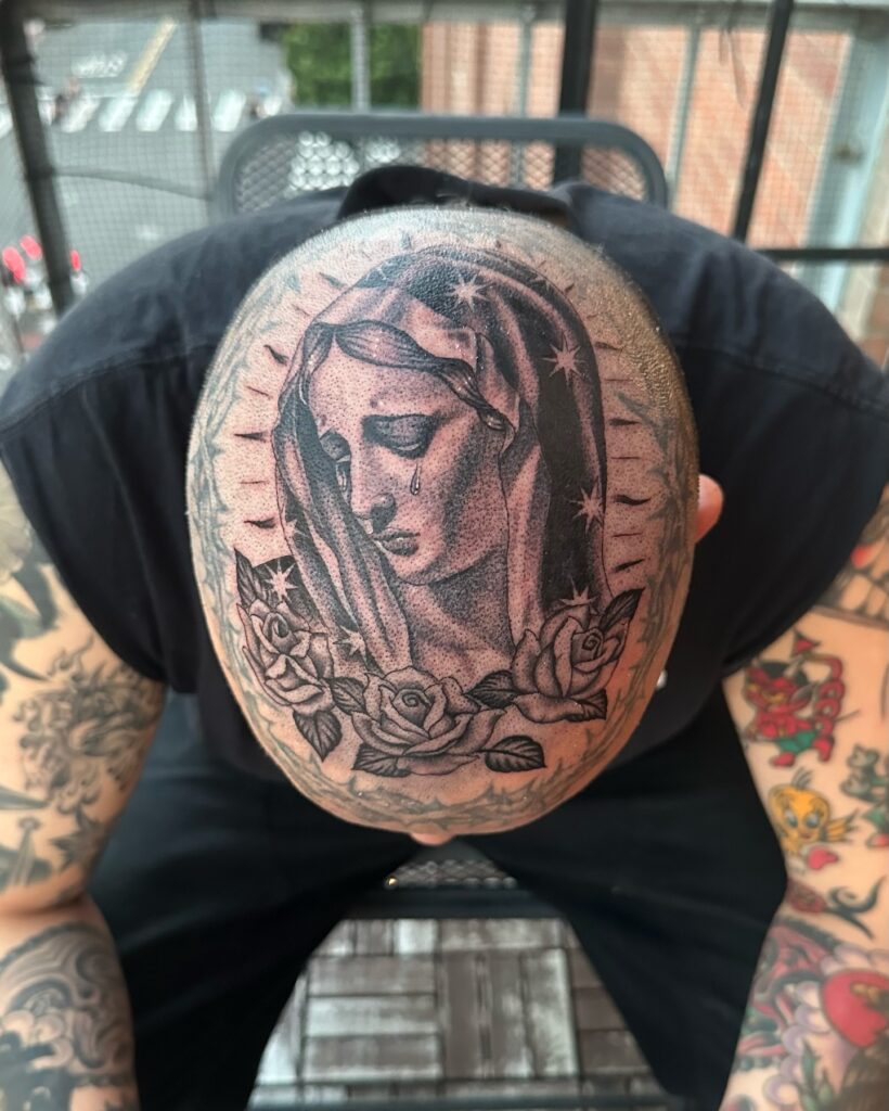 Guardian Lion and Virgin Mary Back Tattoo virgin mary tattoos tattoo