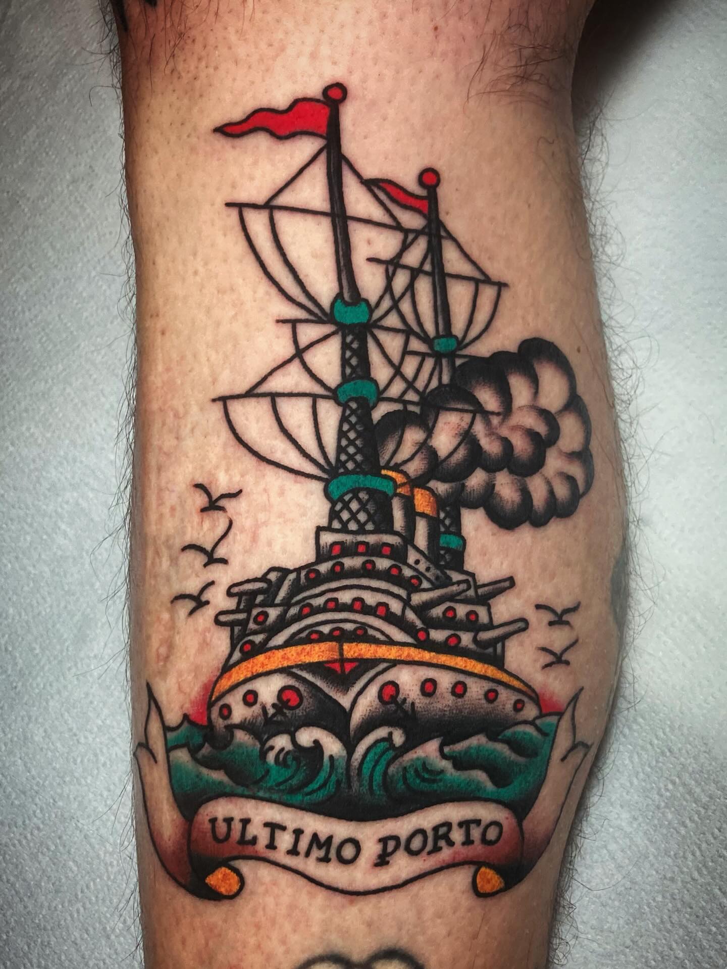 Ship And Anchor Memorial Tattoo