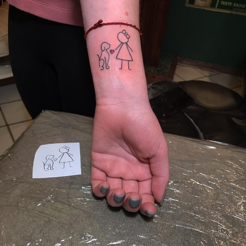 Stick Figure Girl with Dog and Heart Tattoo dog memorial tattoos tattoo