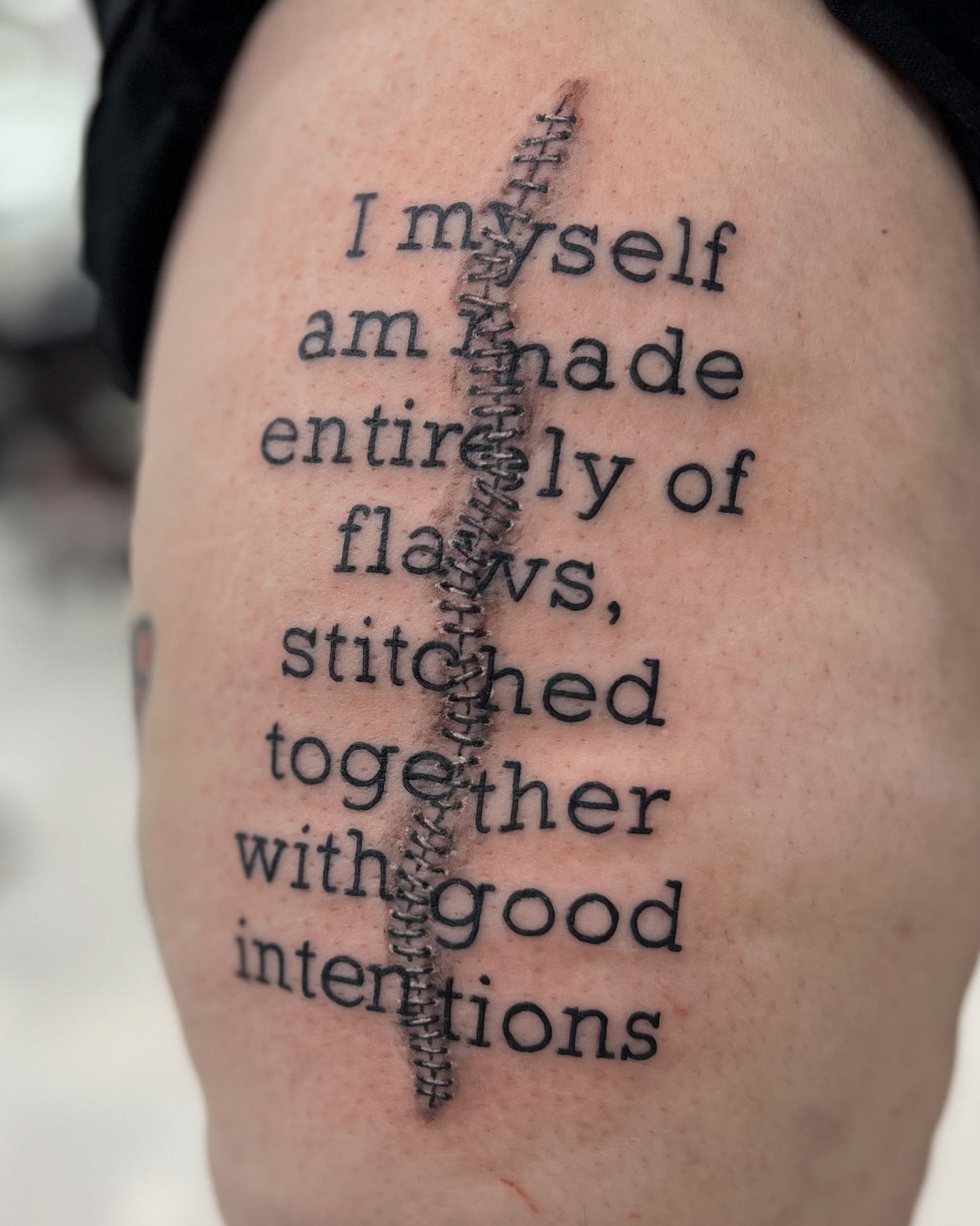 Stitched Together With Good Intentions Tattoo meaningful word tattoos tattoo