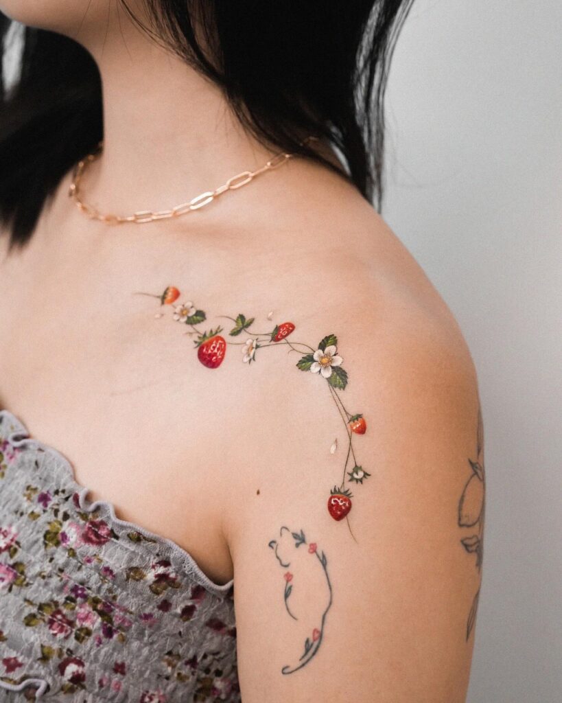 Red Butterfly And Floral Collarbone Tattoo
