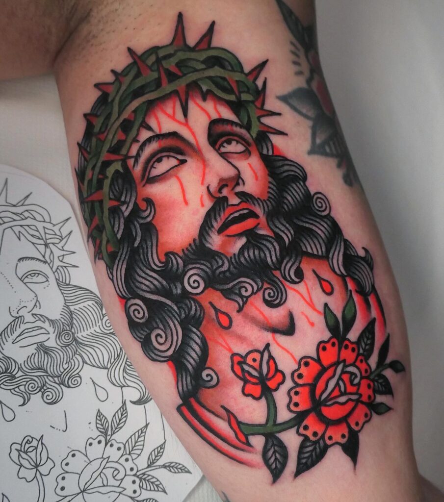 Christ’s Suffering and Heavenly Gaze Tattoo jesus tattoos tattoo