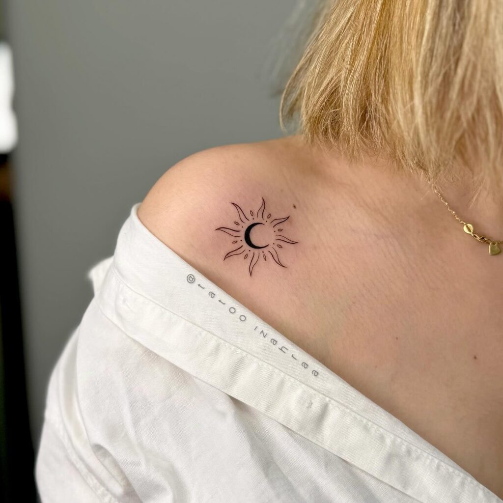 Sun and Crescent Shoulder Tattoo sun tattoos tattoo