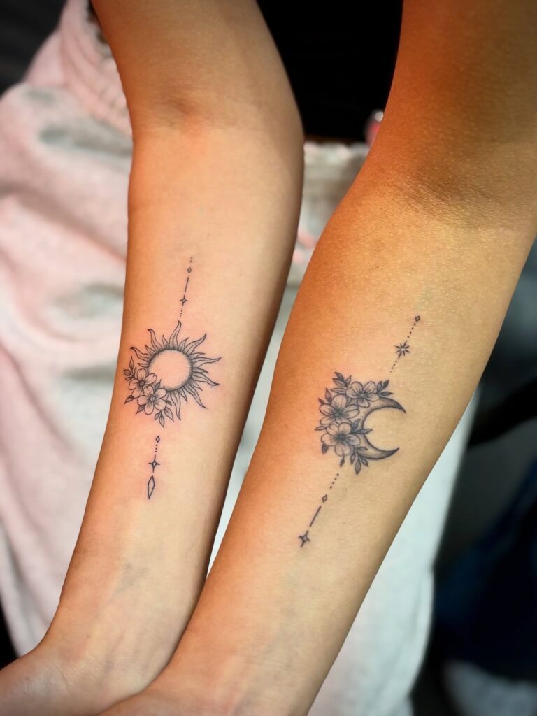 Sun and Moon Floral Botanical Mandala matching sibling tattoo