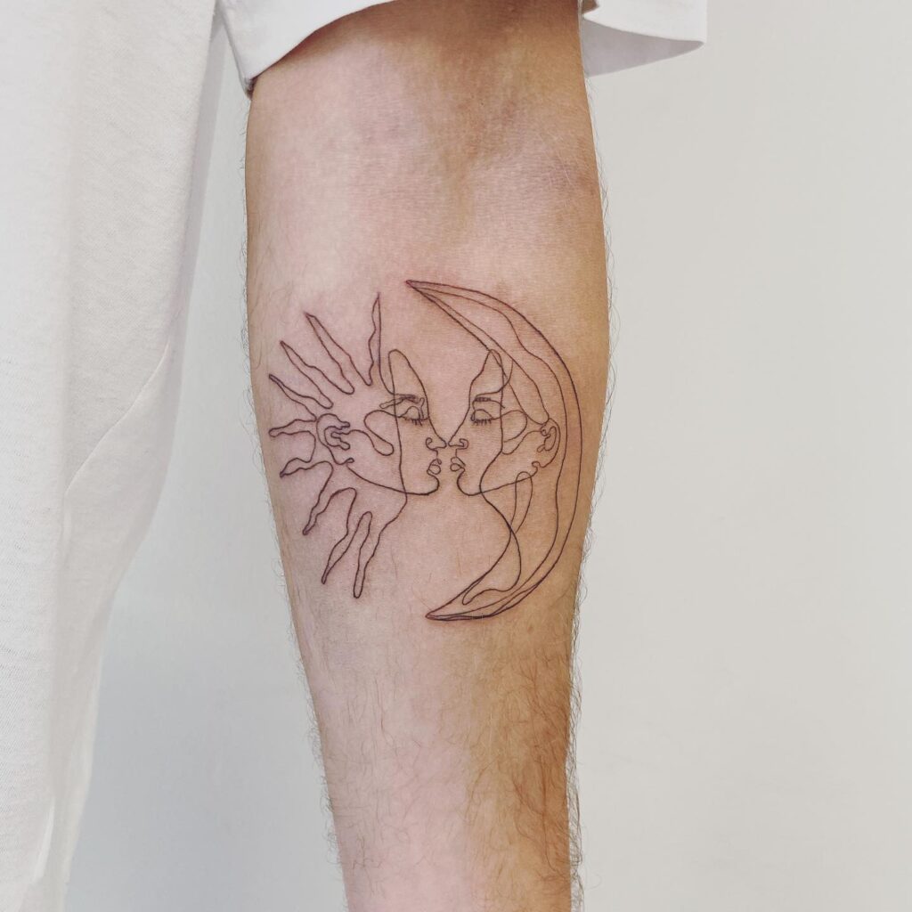 Sun and Moon Line Art Kiss Tattoo symbolic sun and moon tattoo ideas tattoo