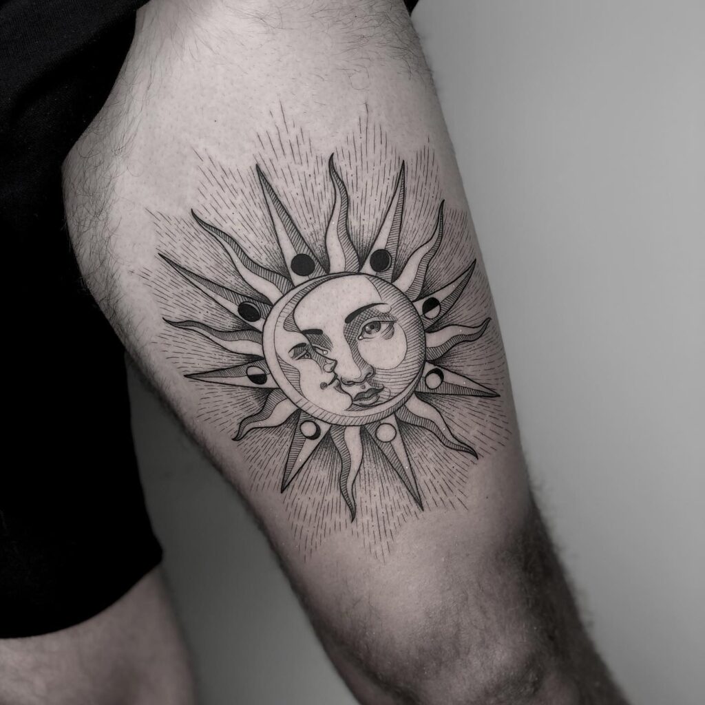 Sun and Moon Phases Thigh Tattoo symbolic sun and moon tattoo ideas tattoo
