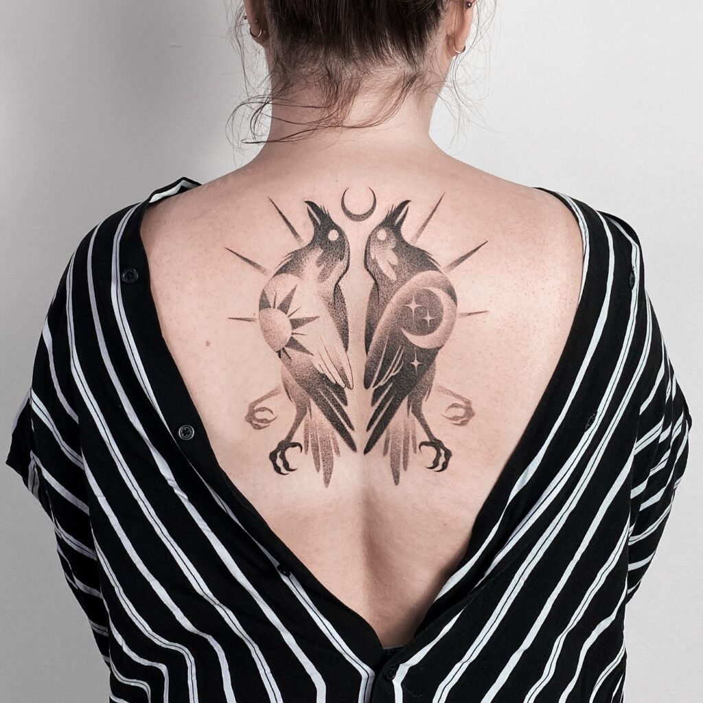 Raven Skull With Floral Frame Tattoo