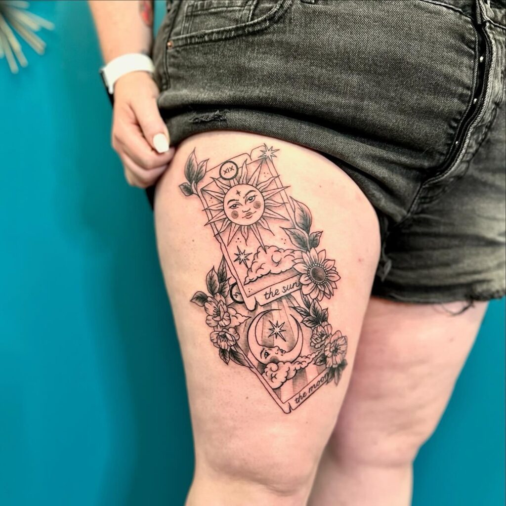 Bold Red And Black Unalome Spine Tattoo
