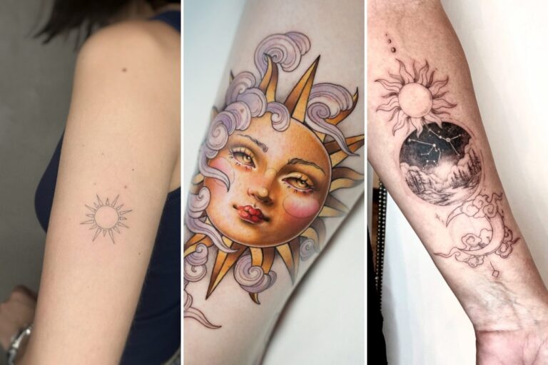 Aesthetic sun tattoos and delicate ink ideas collage